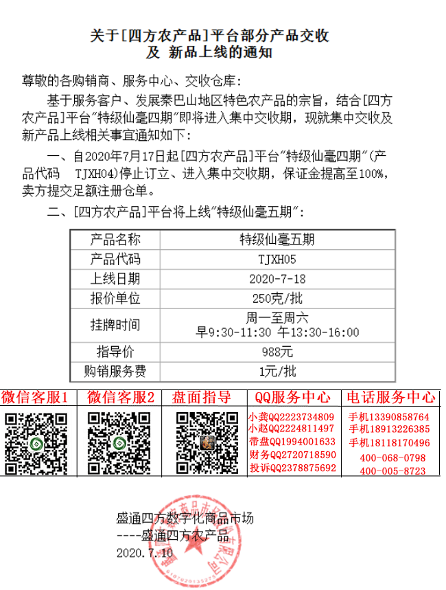 四方农产品特级仙毫4期下市5期上市通知