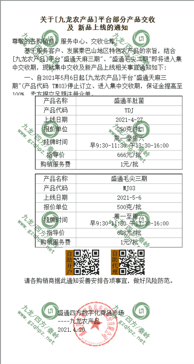 九龙农产品上市通知