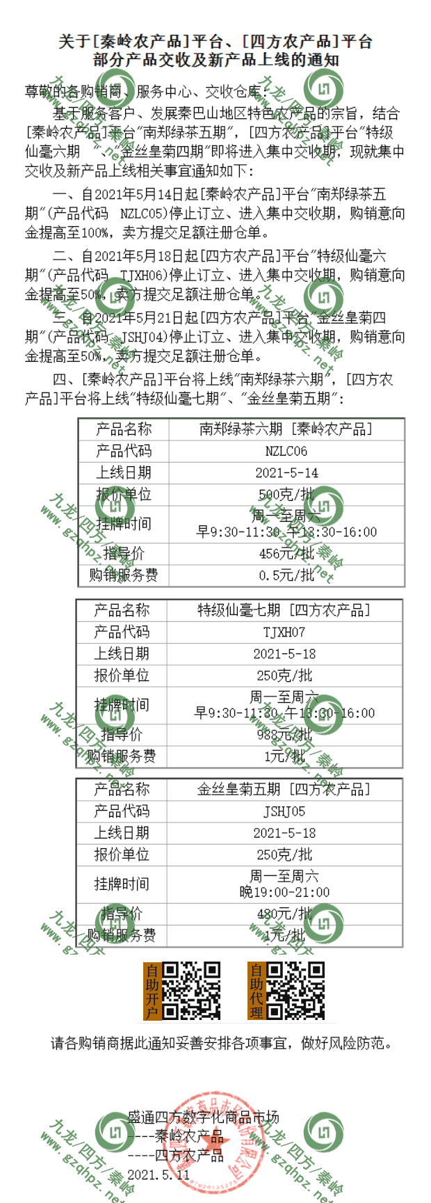 四方秦岭农产品板块合约部分品种上市和交收通知