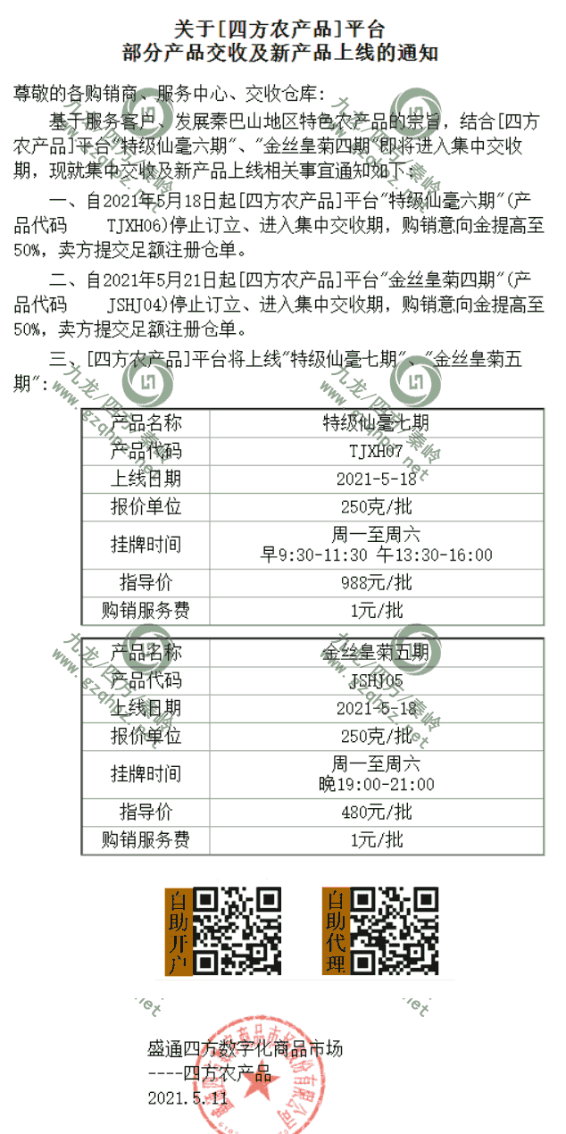 盛通四方农产品部分产品的上市和交收告知