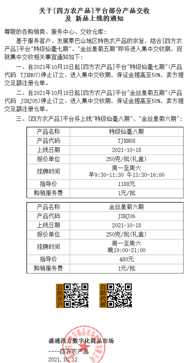 盛通四方金丝皇菊和特级仙毫老合约下市,新合约上市通知