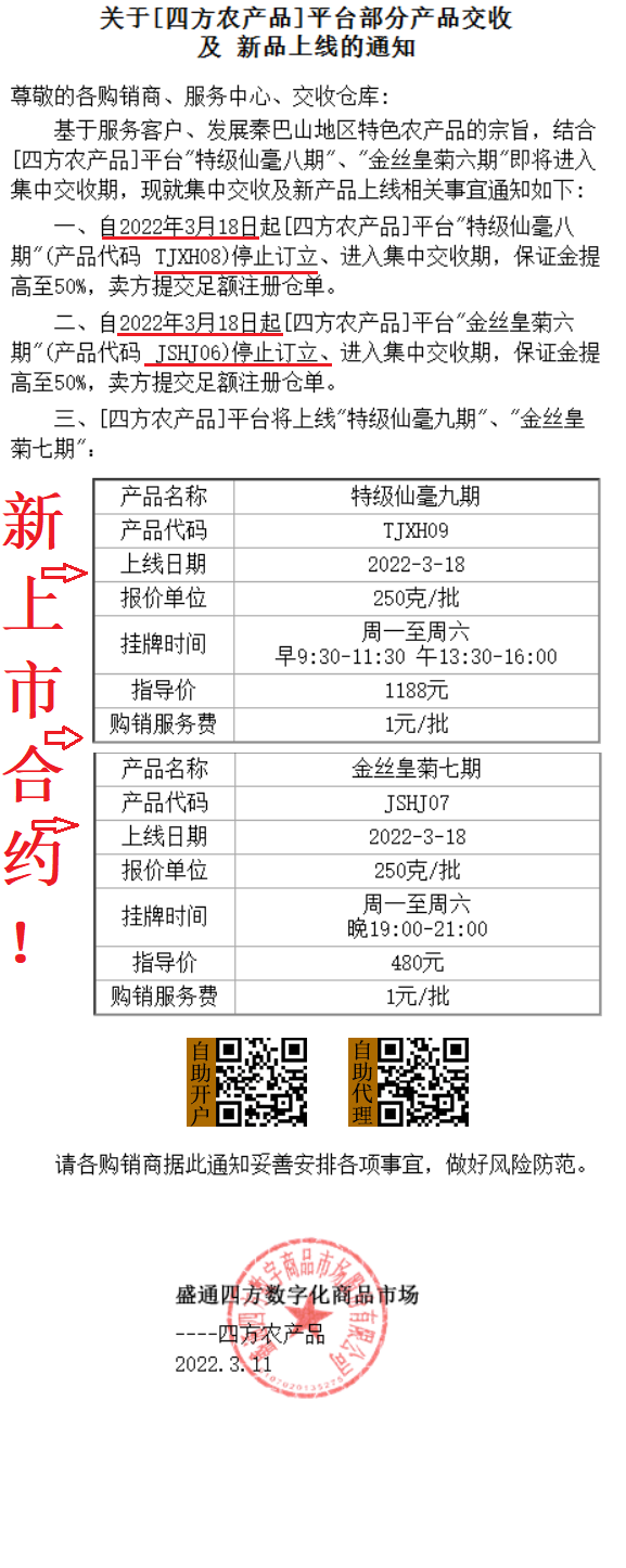 盛通四方3月18日特级仙毫和金丝皇菊旧合约下市和新合约上市通知