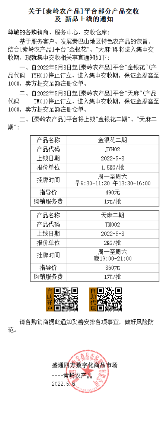 关于秦岭农产品上市的通知